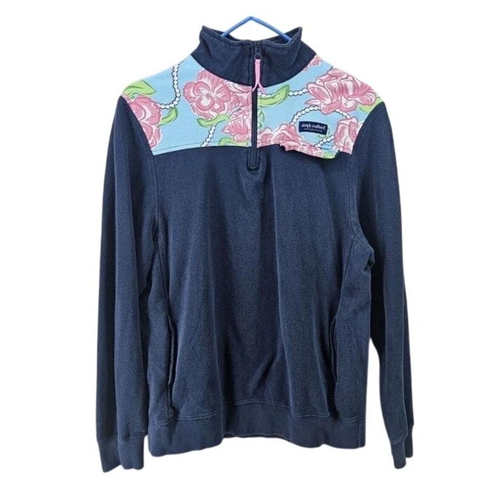 Simply Southern Womens Medium Navy Floral Pockets Quarter Zip Pullover
